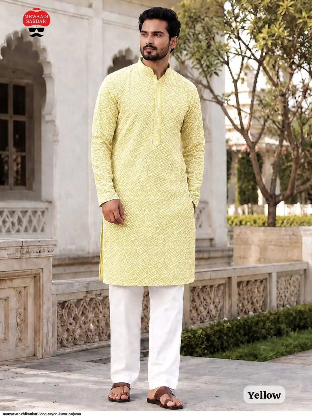 MANYAVAR CHIKANKARI LONG RAYON KURTA PAJAMA F