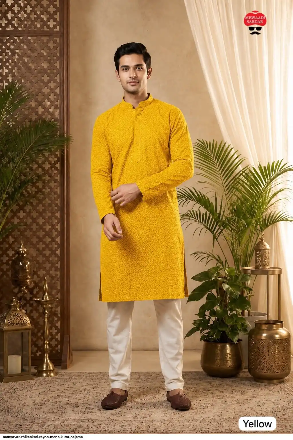 MANYAVAR CHIKANKARI RAYON MENS KURTA PAJAMA 1