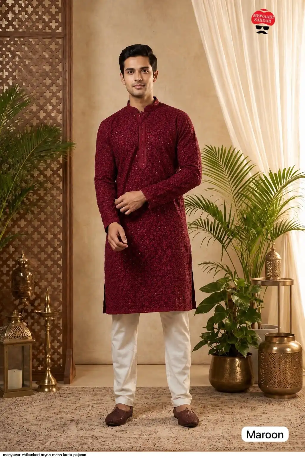 MANYAVAR CHIKANKARI RAYON MENS KURTA PAJAMA 2