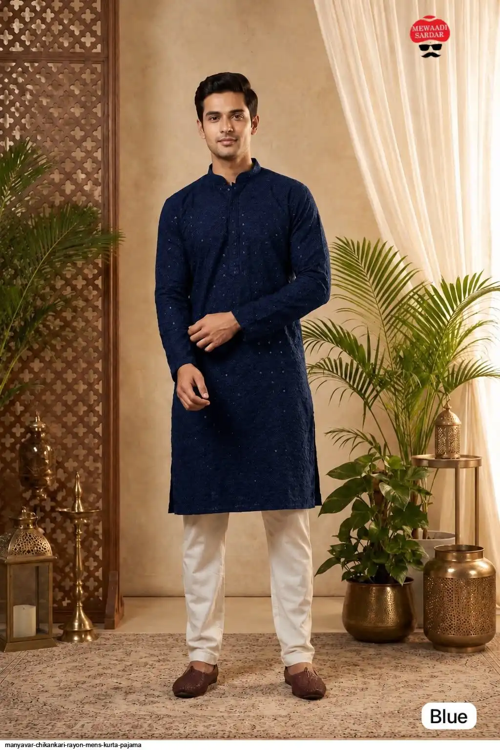 MANYAVAR CHIKANKARI RAYON MENS KURTA PAJAMA 5