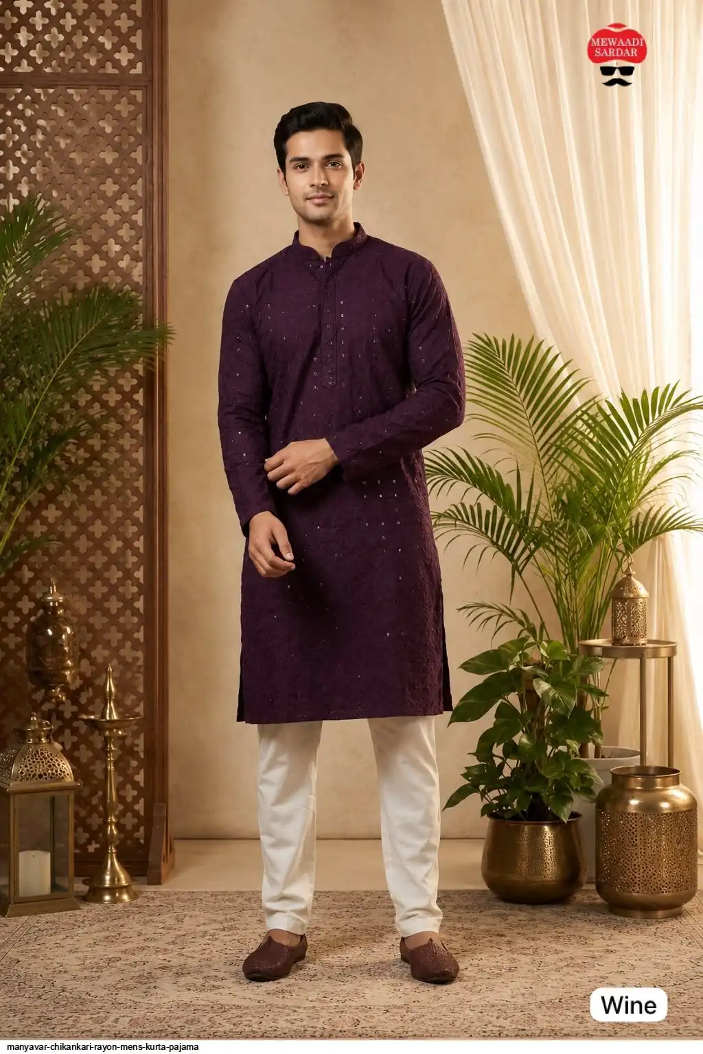 MANYAVAR CHIKANKARI RAYON MENS KURTA PAJAMA 4