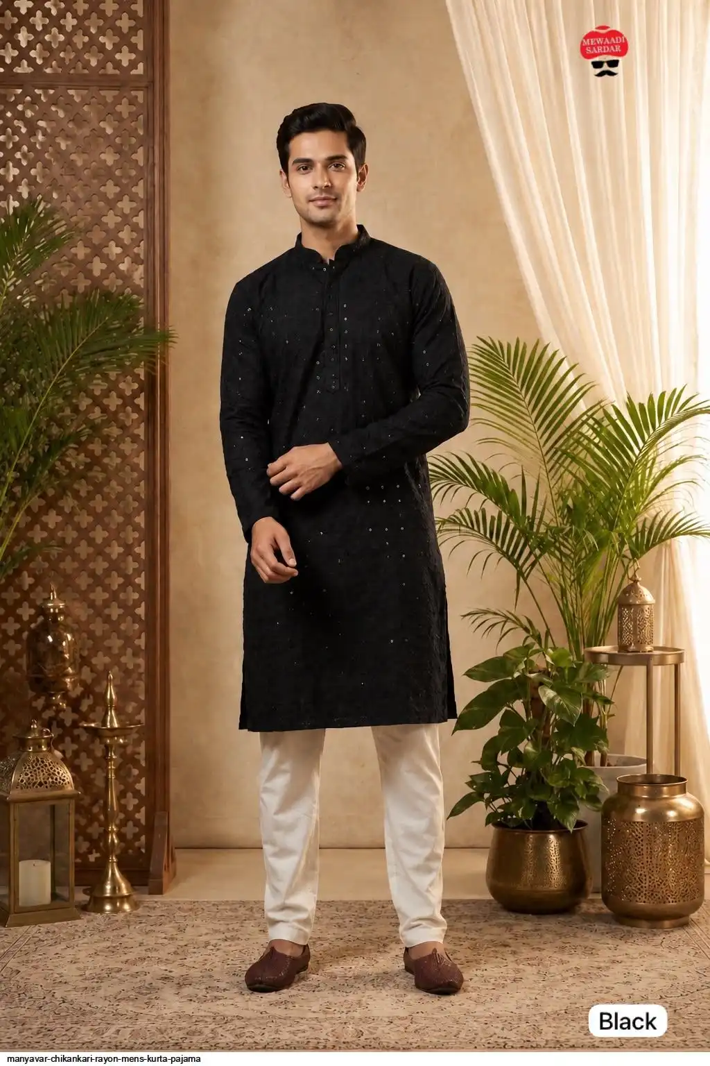 MANYAVAR CHIKANKARI RAYON MENS KURTA PAJAMA 6