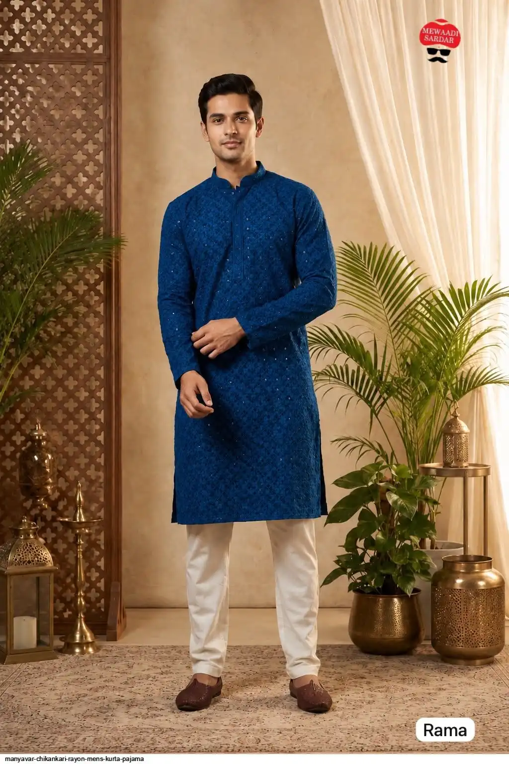 MANYAVAR CHIKANKARI RAYON MENS KURTA PAJAMA 3