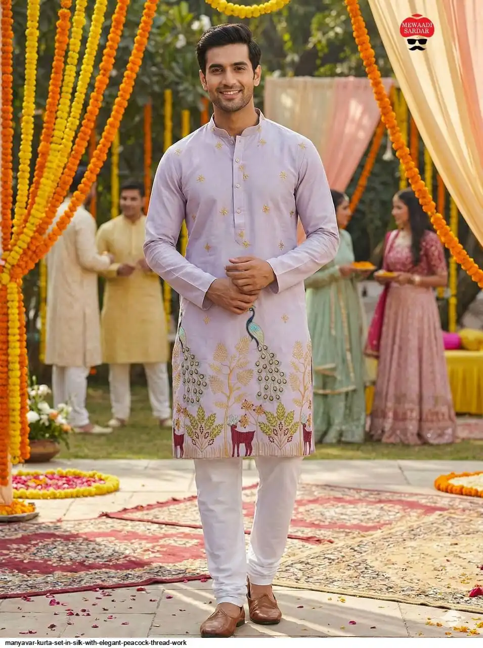 manyavar party wear dress for men Manyavar Kurta Set in Silk with Elegant Peacock Thread Work