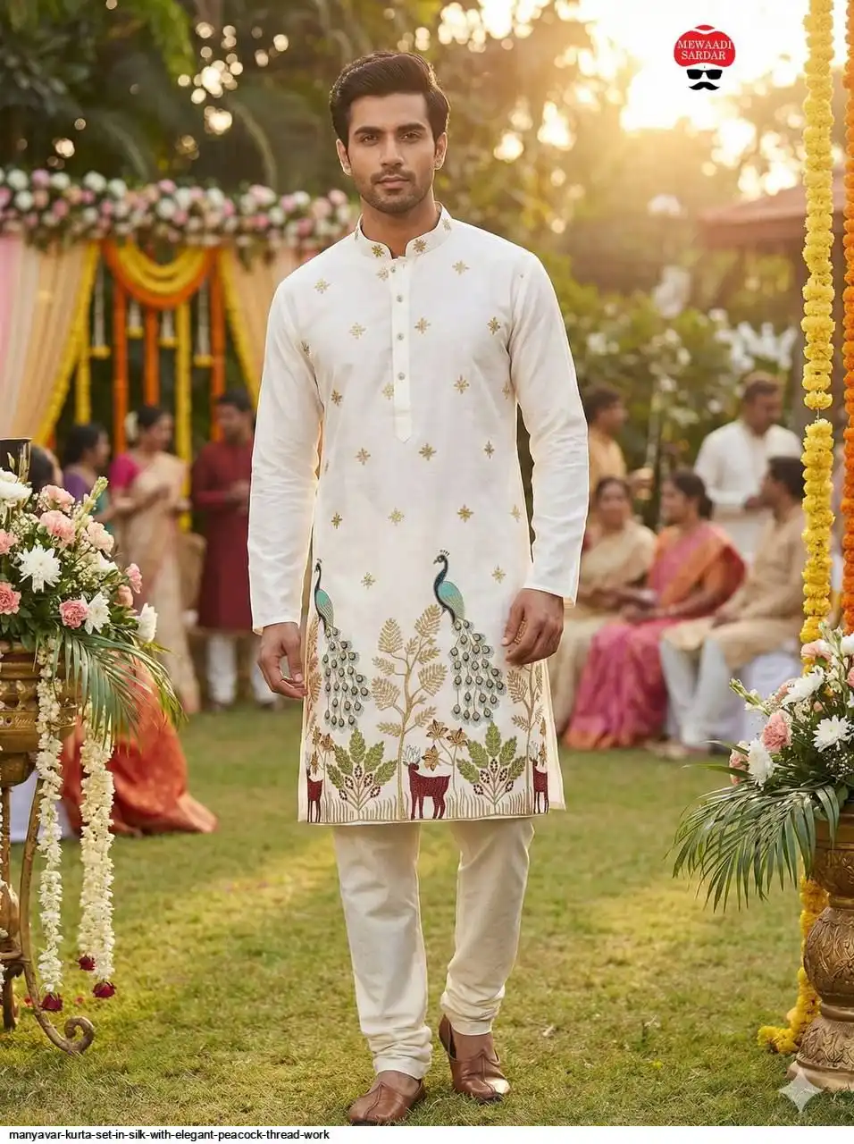 MANYAVAR KURTA SET IN SILK WITH ELEGANT PEACOCK THREAD WORK B