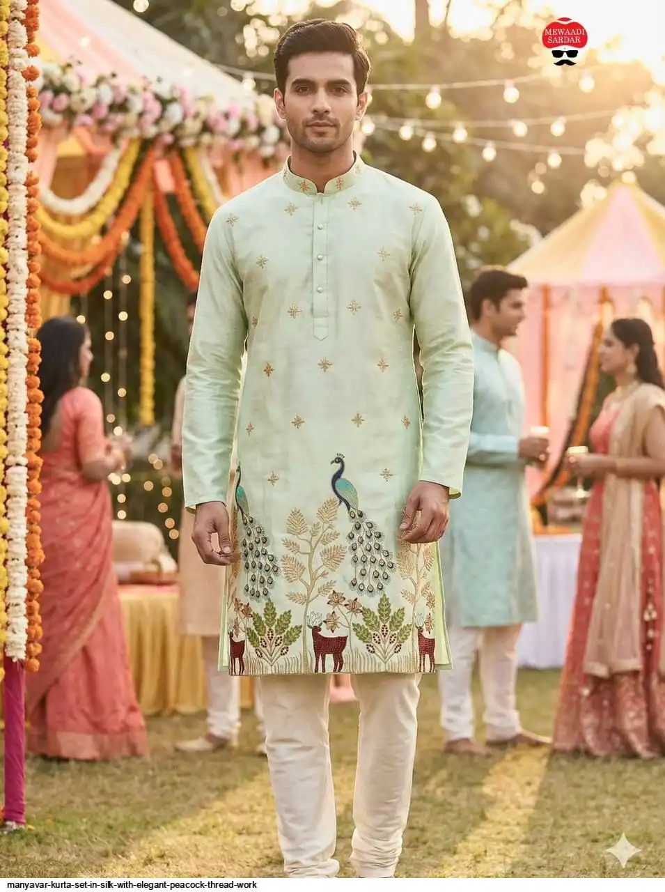 MANYAVAR KURTA SET IN SILK WITH ELEGANT PEACOCK THREAD WORK C