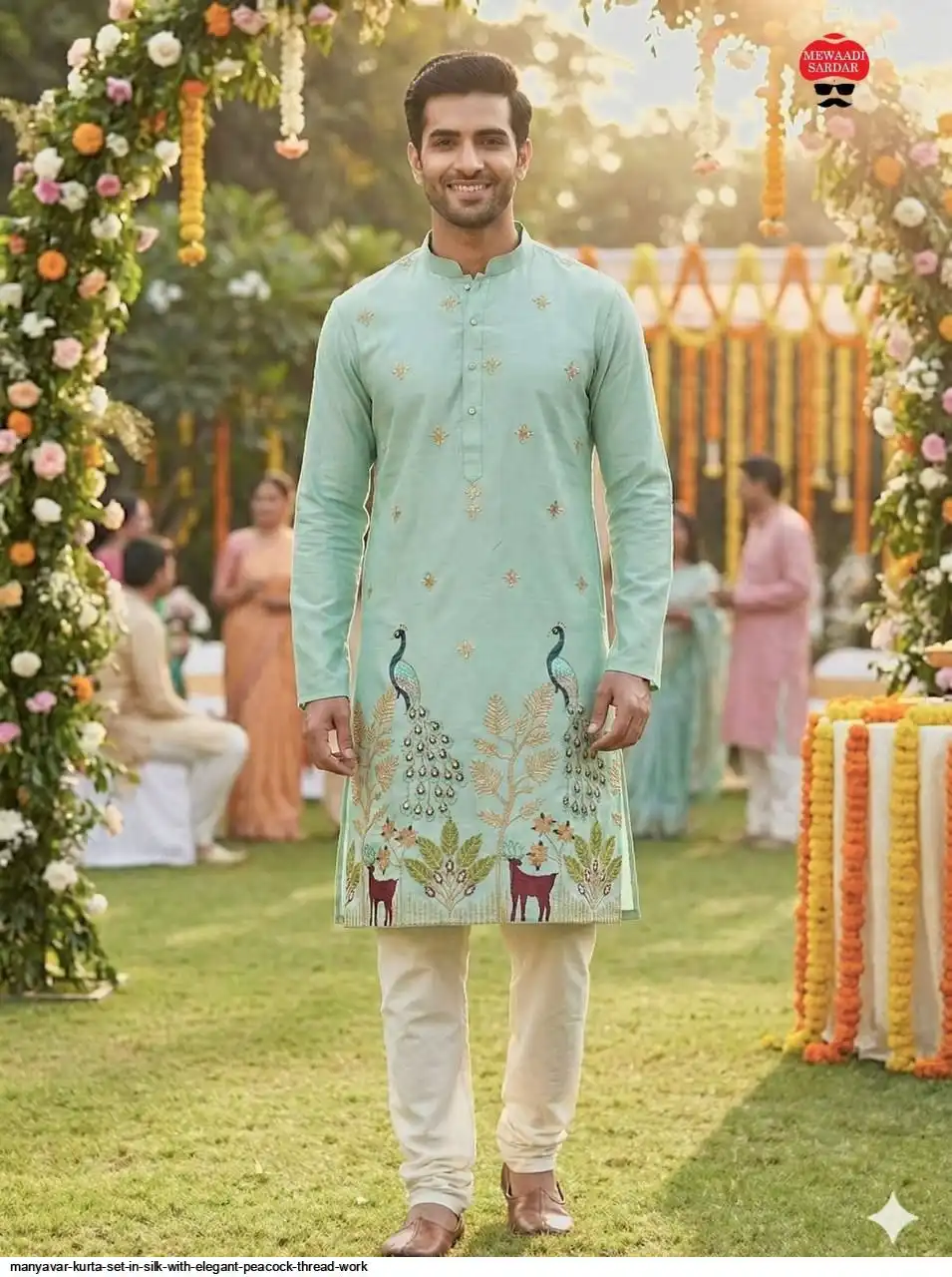 MANYAVAR KURTA SET IN SILK WITH ELEGANT PEACOCK THREAD WORK D