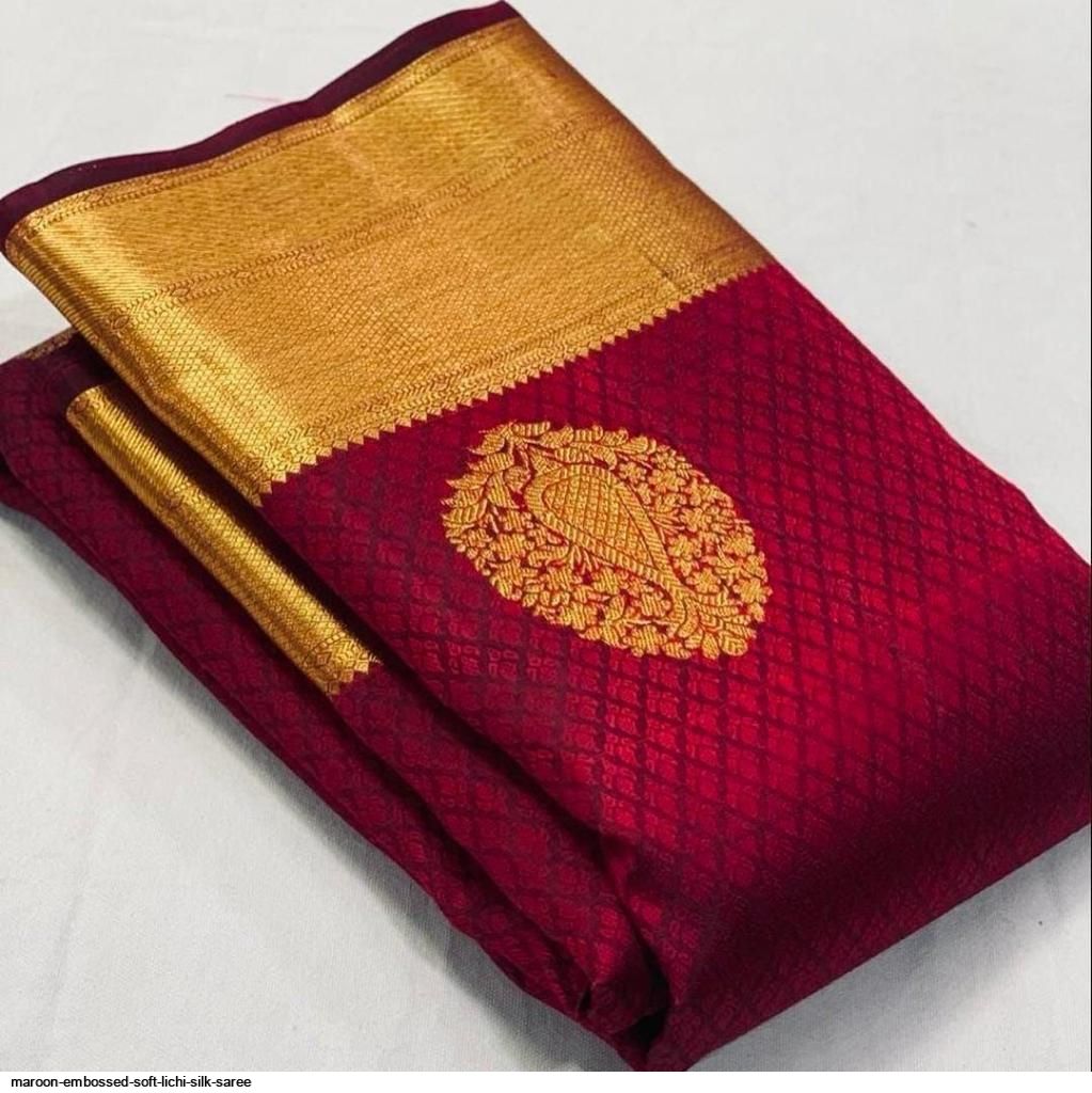 MAROON EMBOSSED SOFT LICHI SILK SAREE