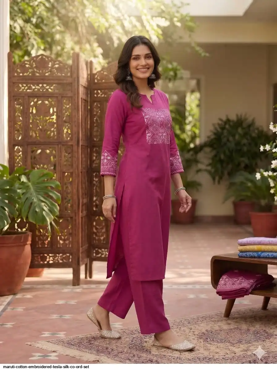 MARUTI COTTON EMBROIDERED TESLA SILK CO ORD SET A