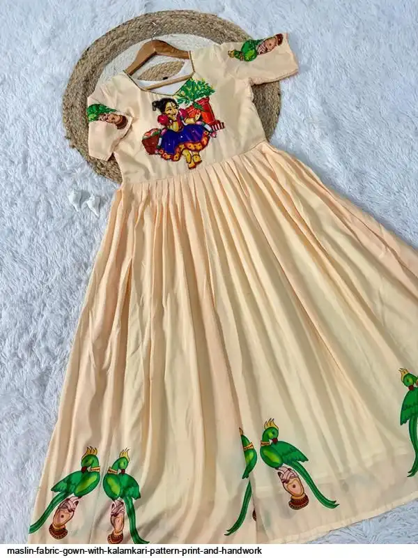 MASLIN FABRIC GOWN WITH KALAMKARI PATTERN PRINT AND HANDWORK 3