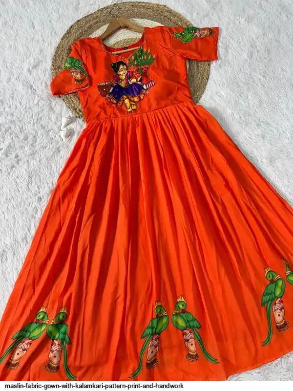MASLIN FABRIC GOWN WITH KALAMKARI PATTERN PRINT AND HANDWORK 4
