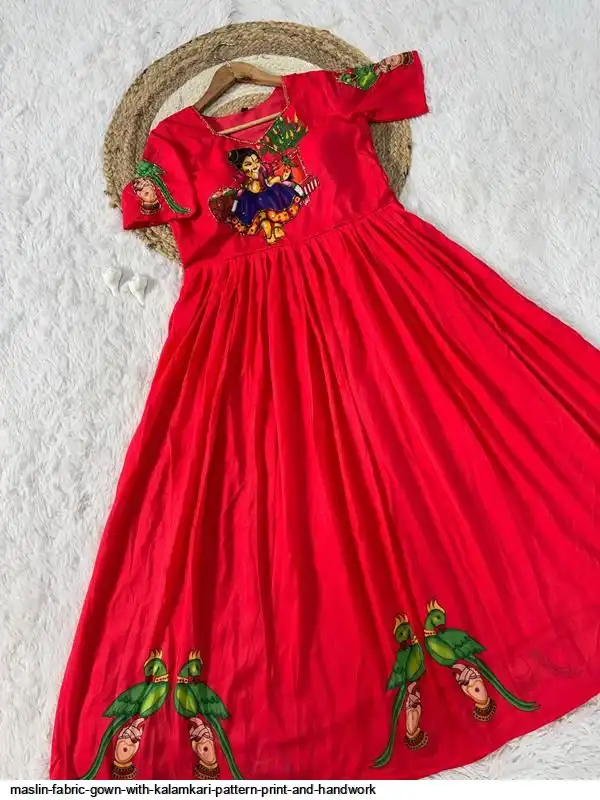 MASLIN FABRIC GOWN WITH KALAMKARI PATTERN PRINT AND HANDWORK 1