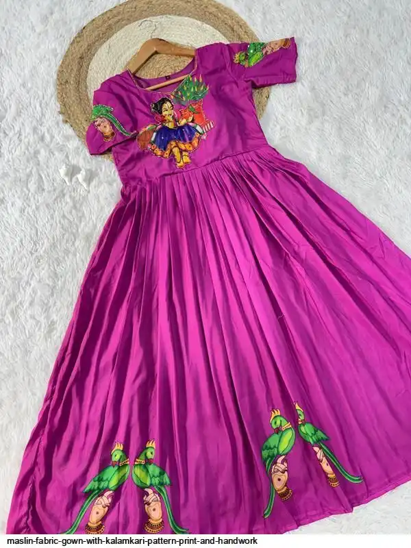 MASLIN FABRIC GOWN WITH KALAMKARI PATTERN PRINT AND HANDWORK 2