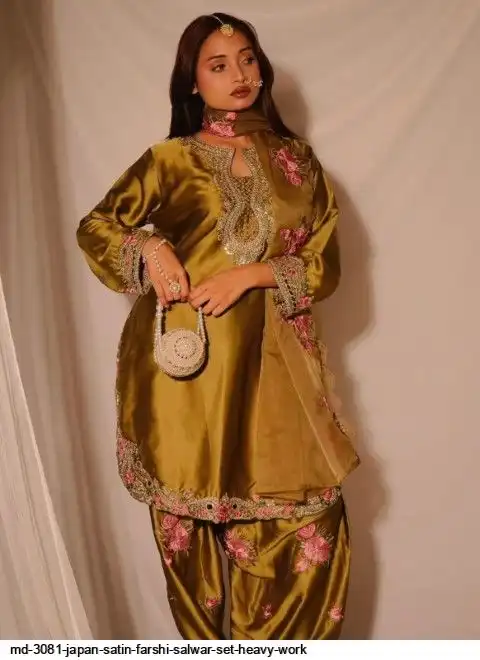 MD 3081 JAPAN SATIN FARSHI SALWAR SET HEAVY WORK A