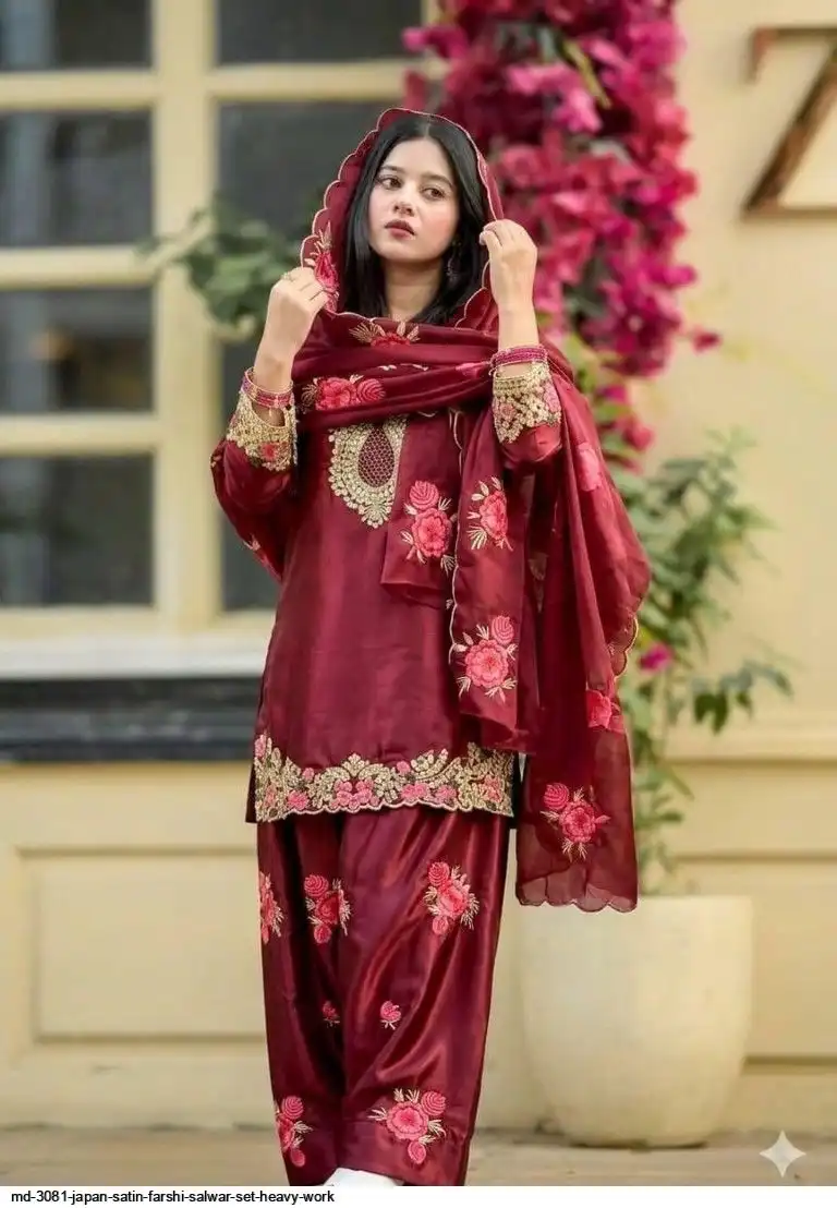 MD 3081 JAPAN SATIN FARSHI SALWAR SET HEAVY WORK D