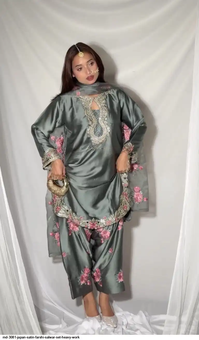 MD 3081 JAPAN SATIN FARSHI SALWAR SET HEAVY WORK E