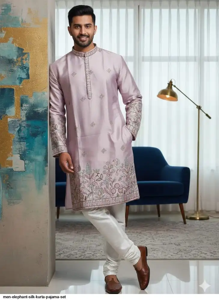 MEN ELEPHANT SILK KURTA PAJAMA SET C