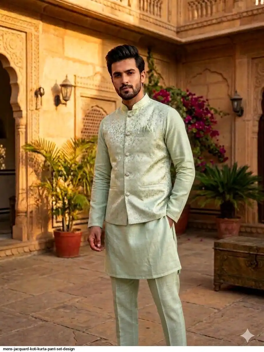 MENS JACQUARD KOTI KURTA PANT SET DESIGN 3