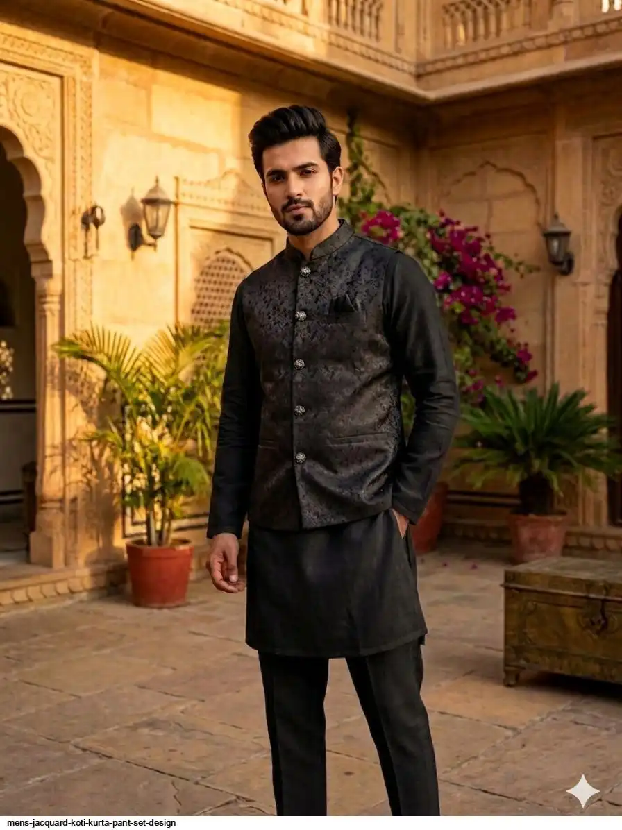 MENS JACQUARD KOTI KURTA PANT SET DESIGN 2