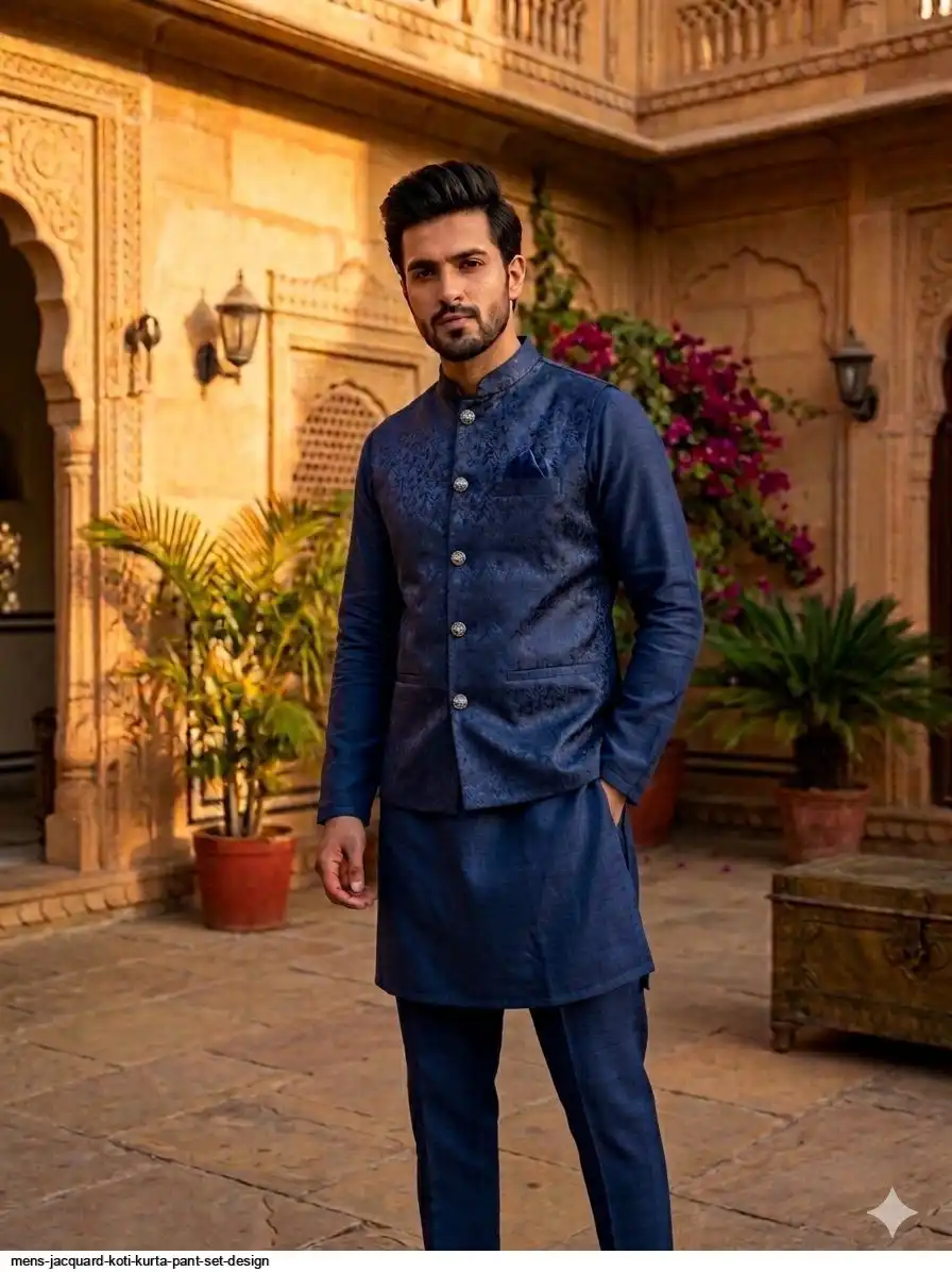 MENS JACQUARD KOTI KURTA PANT SET DESIGN 4