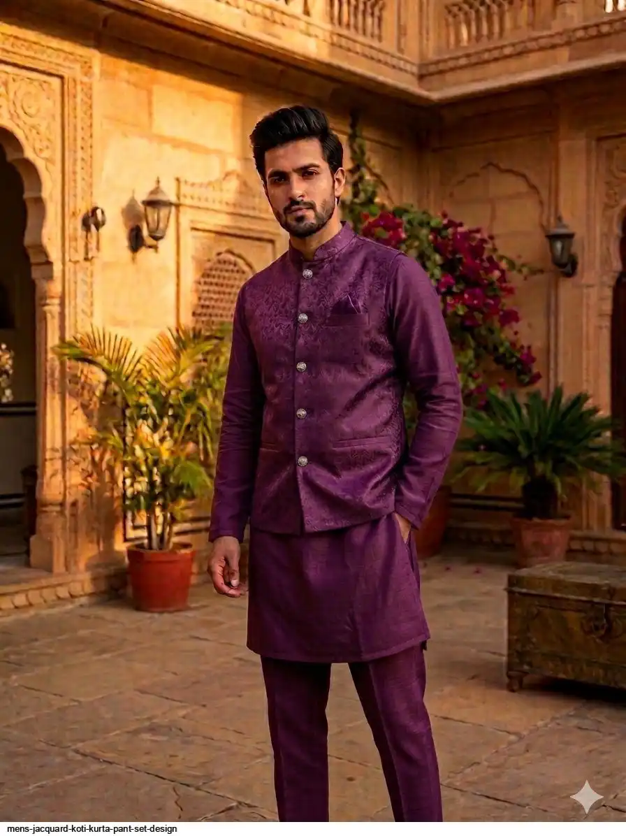 MENS JACQUARD KOTI KURTA PANT SET DESIGN 5