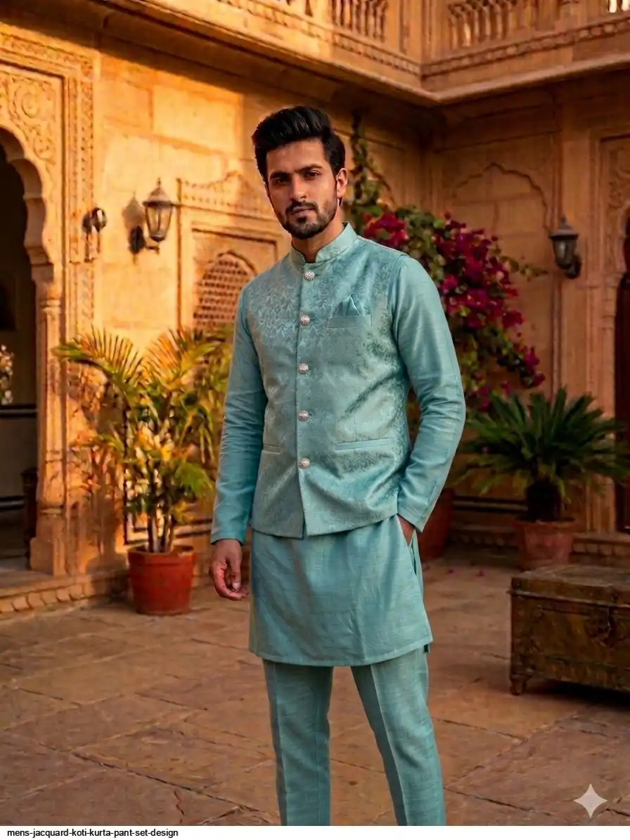 MENS JACQUARD KOTI KURTA PANT SET DESIGN 6
