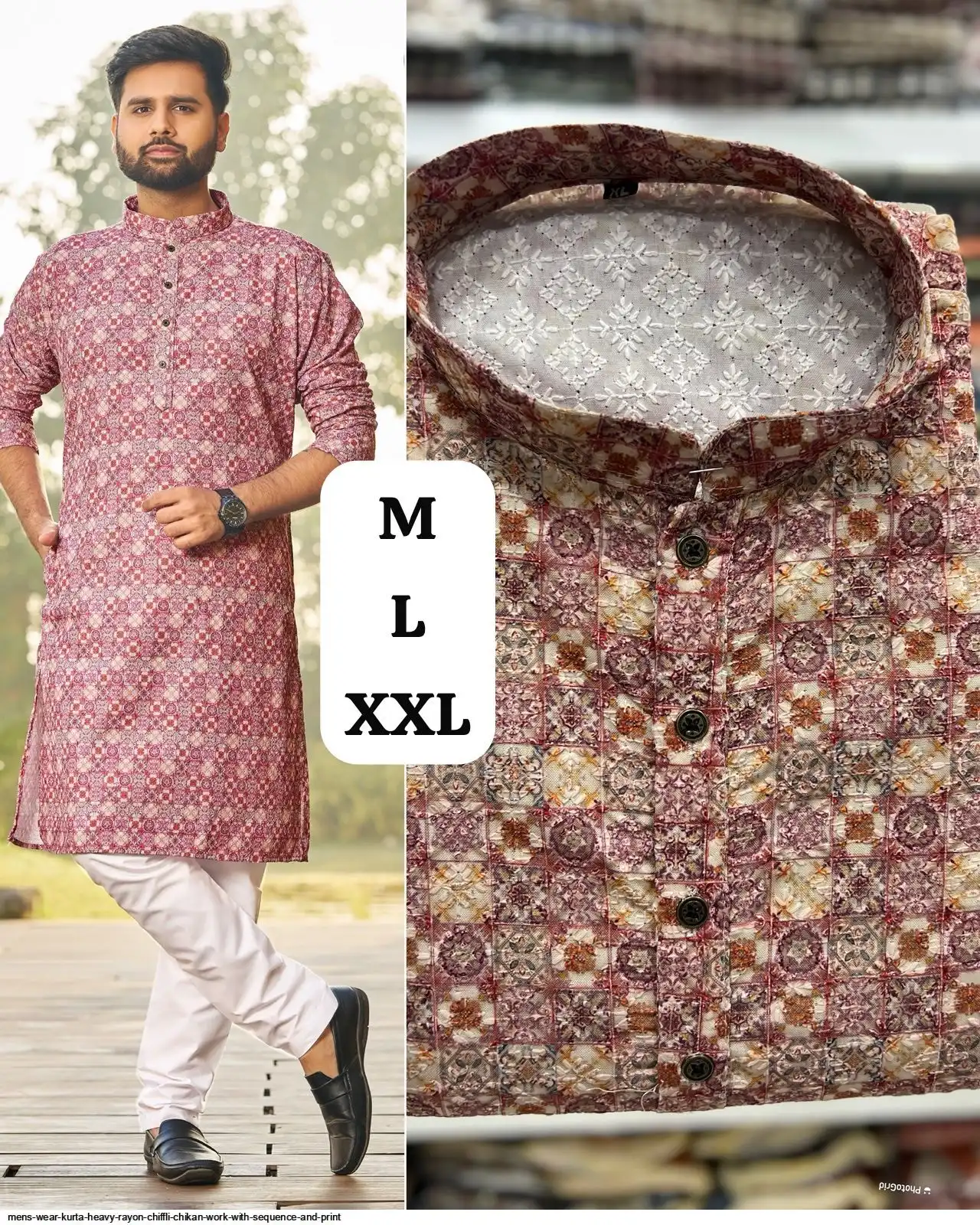 MENS WEAR KURTA HEAVY RAYON CHIFFLI CHIKAN WORK WITH SEQUENCE AND PRINT A