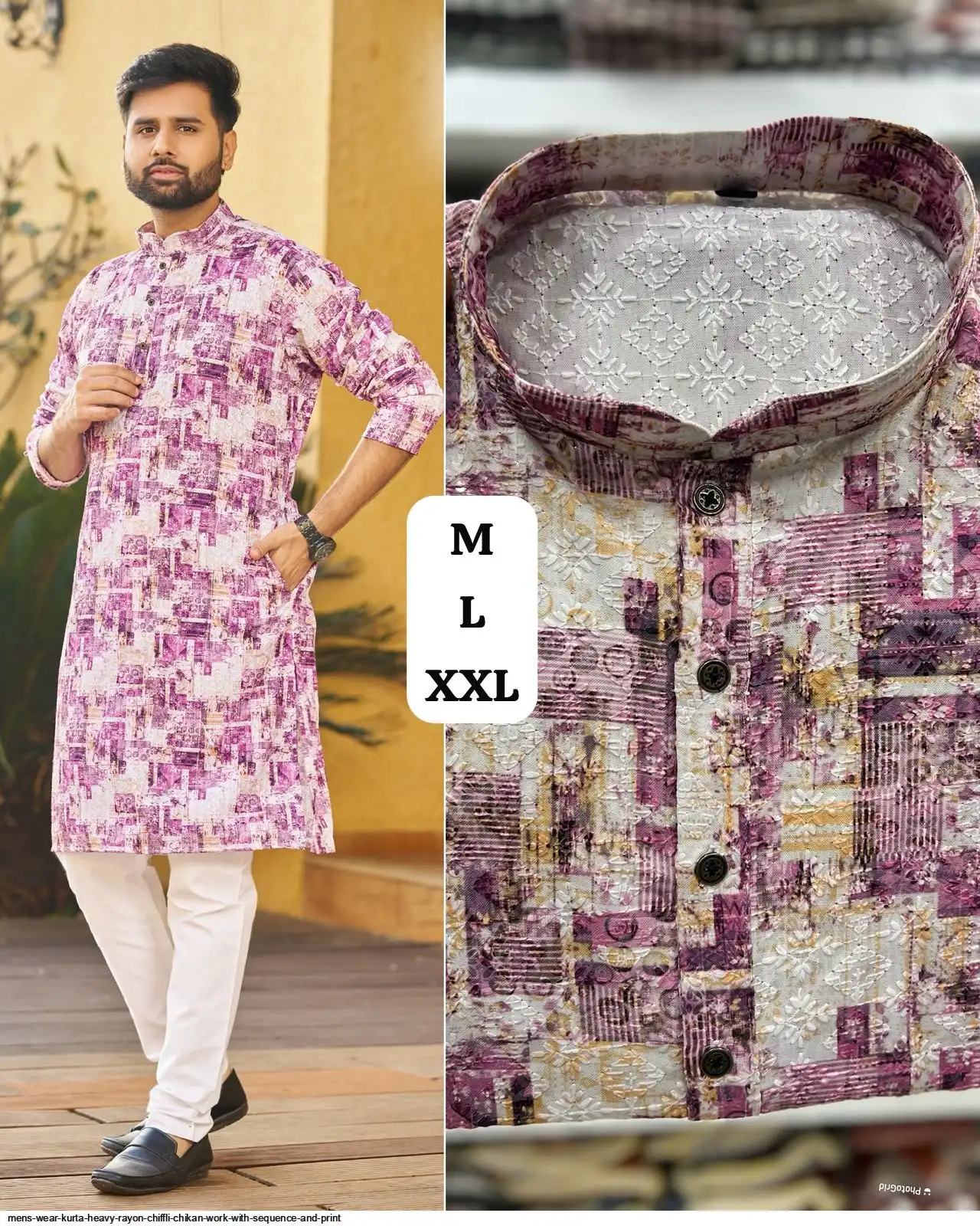 MENS WEAR KURTA HEAVY RAYON CHIFFLI CHIKAN WORK WITH SEQUENCE AND PRINT C
