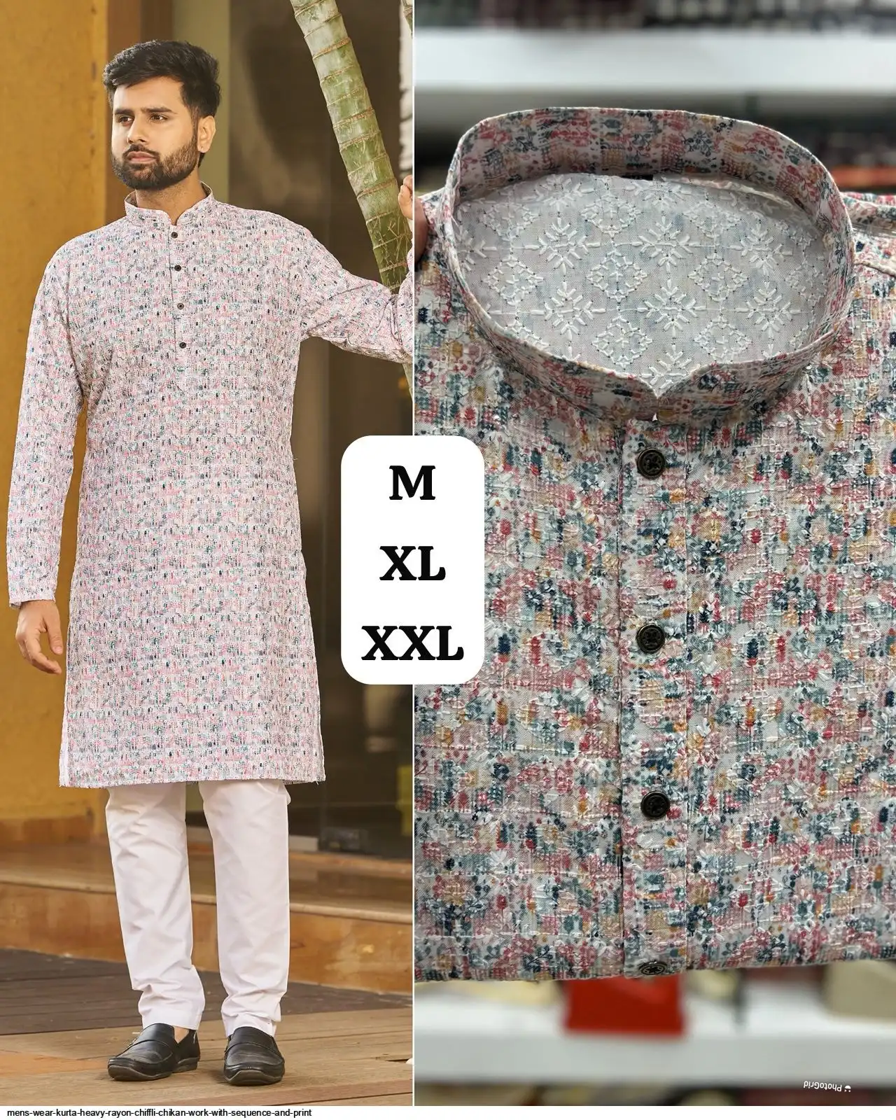 MENS WEAR KURTA HEAVY RAYON CHIFFLI CHIKAN WORK WITH SEQUENCE AND PRINT B
