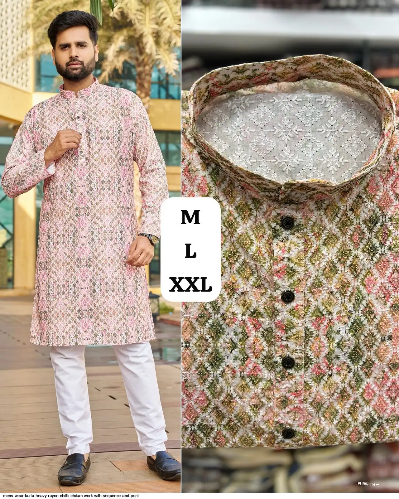 MENS WEAR KURTA HEAVY RAYON CHIFFLI CHIKAN WORK WITH SEQUENCE AND PRINT E