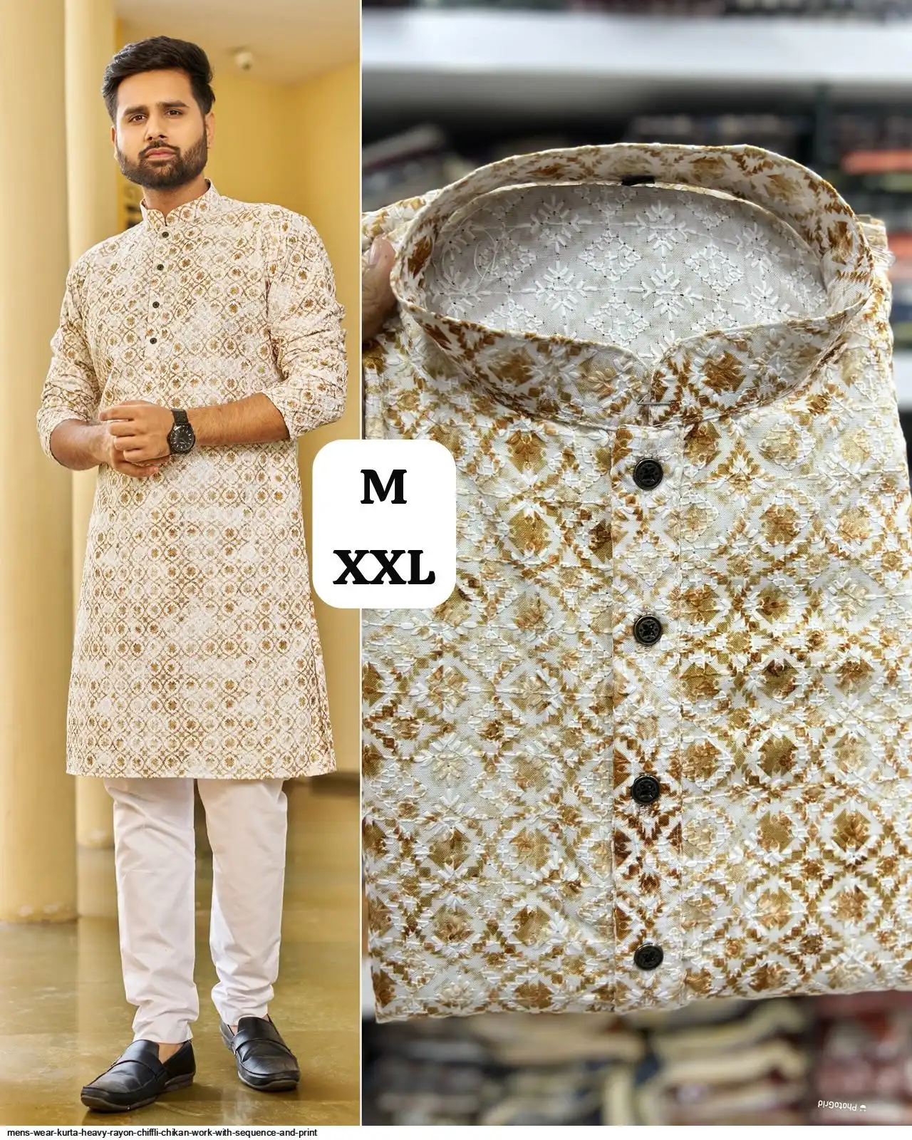 MENS WEAR KURTA HEAVY RAYON CHIFFLI CHIKAN WORK WITH SEQUENCE AND PRINT F