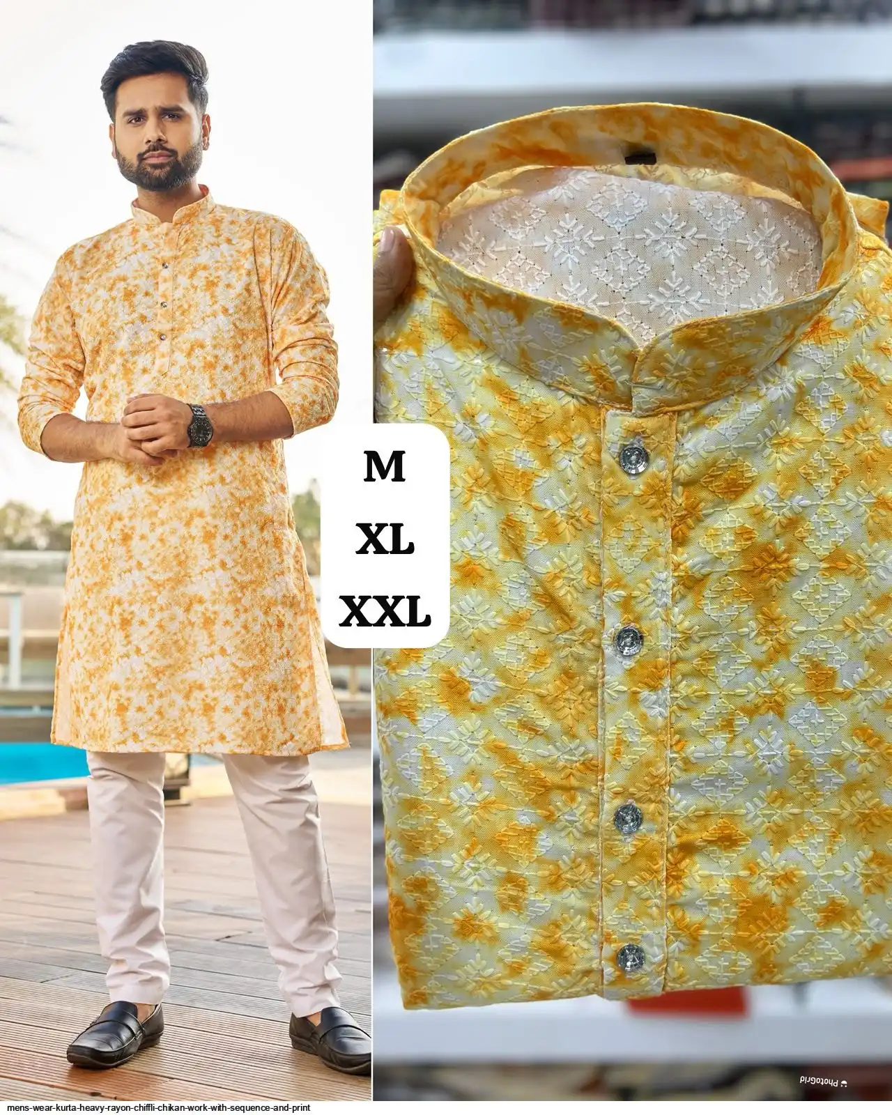 MENS WEAR KURTA HEAVY RAYON CHIFFLI CHIKAN WORK WITH SEQUENCE AND PRINT D