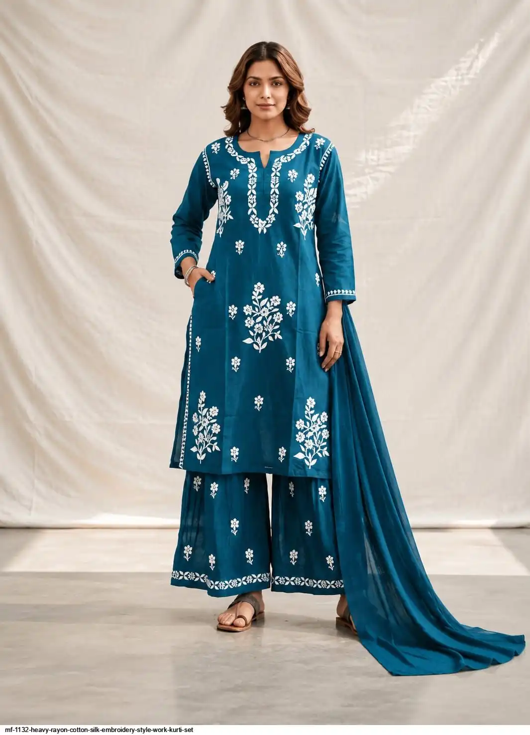 MF 1132 HEAVY RAYON COTTON SILK EMBROIDERY STYLE WORK KURTI SET E