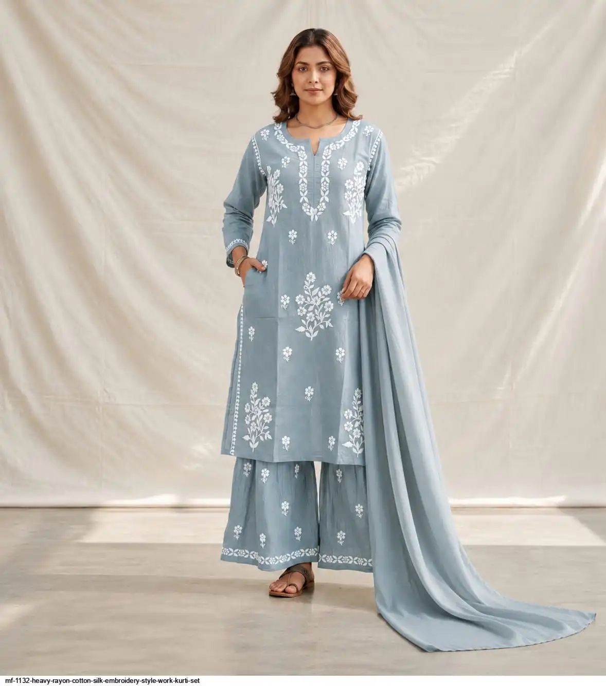 MF 1132 HEAVY RAYON COTTON SILK EMBROIDERY STYLE WORK KURTI SET A