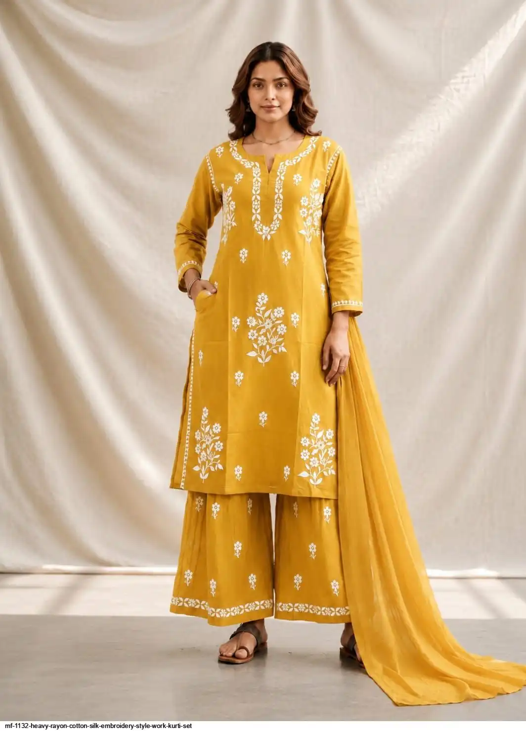 MF 1132 HEAVY RAYON COTTON SILK EMBROIDERY STYLE WORK KURTI SET H