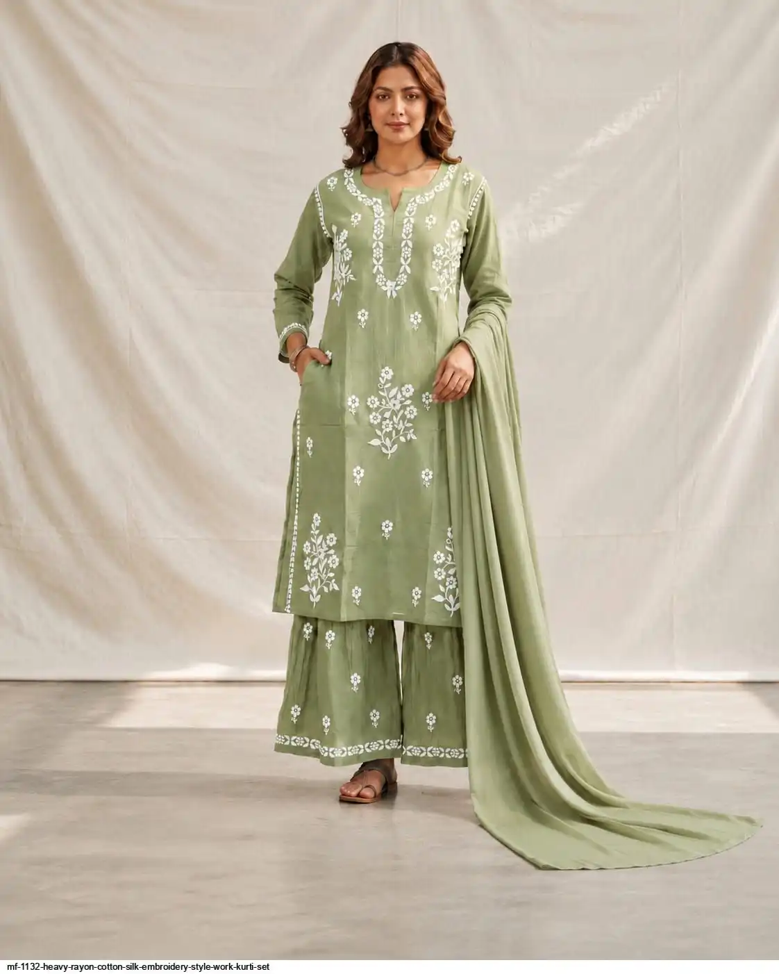 MF 1132 HEAVY RAYON COTTON SILK EMBROIDERY STYLE WORK KURTI SET C