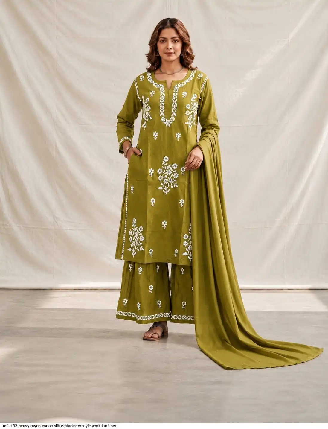 MF 1132 HEAVY RAYON COTTON SILK EMBROIDERY STYLE WORK KURTI SET B