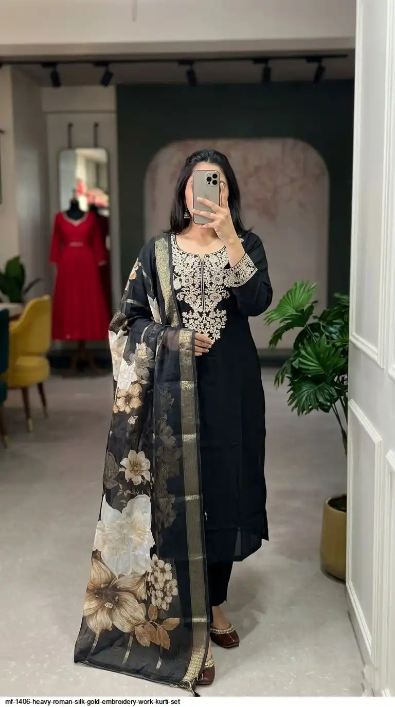 MF 1406 HEAVY ROMAN SILK GOLD EMBROIDERY WORK KURTI SET B