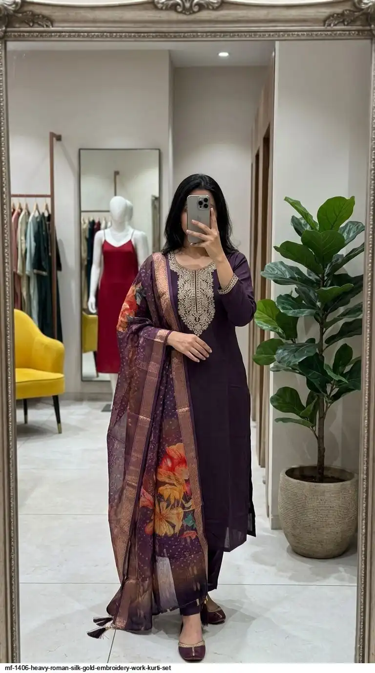MF 1406 HEAVY ROMAN SILK GOLD EMBROIDERY WORK KURTI SET C