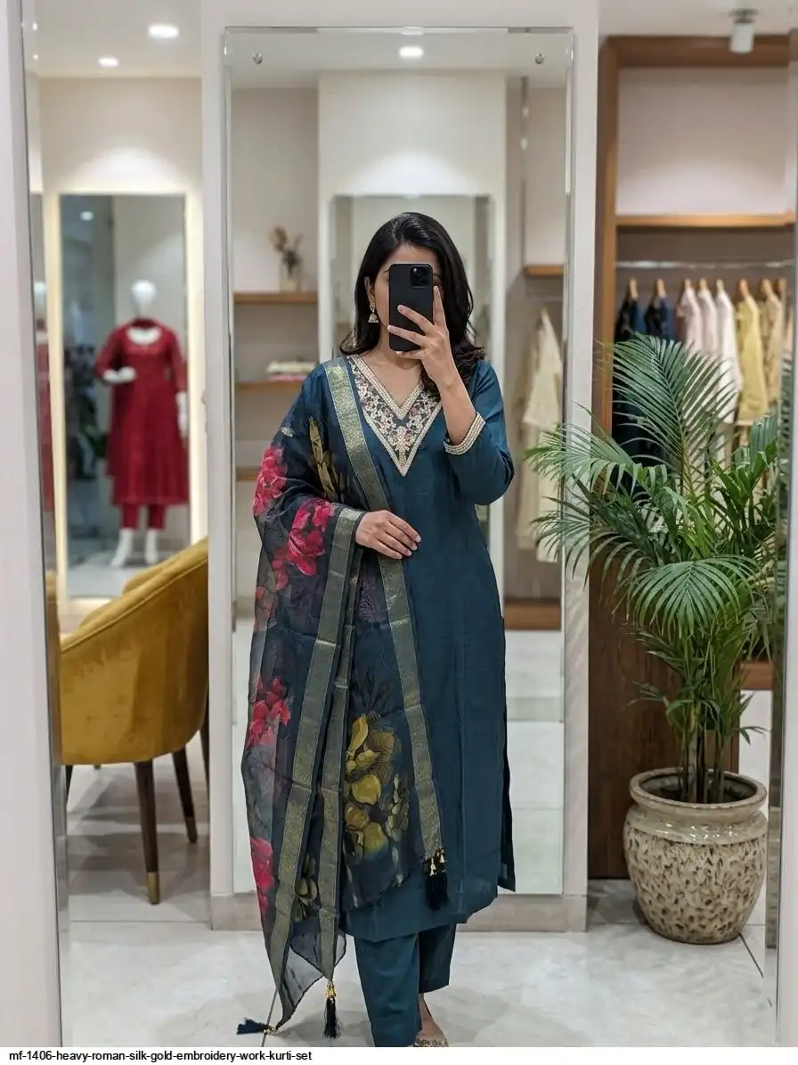 MF 1406 HEAVY ROMAN SILK GOLD EMBROIDERY WORK KURTI SET A