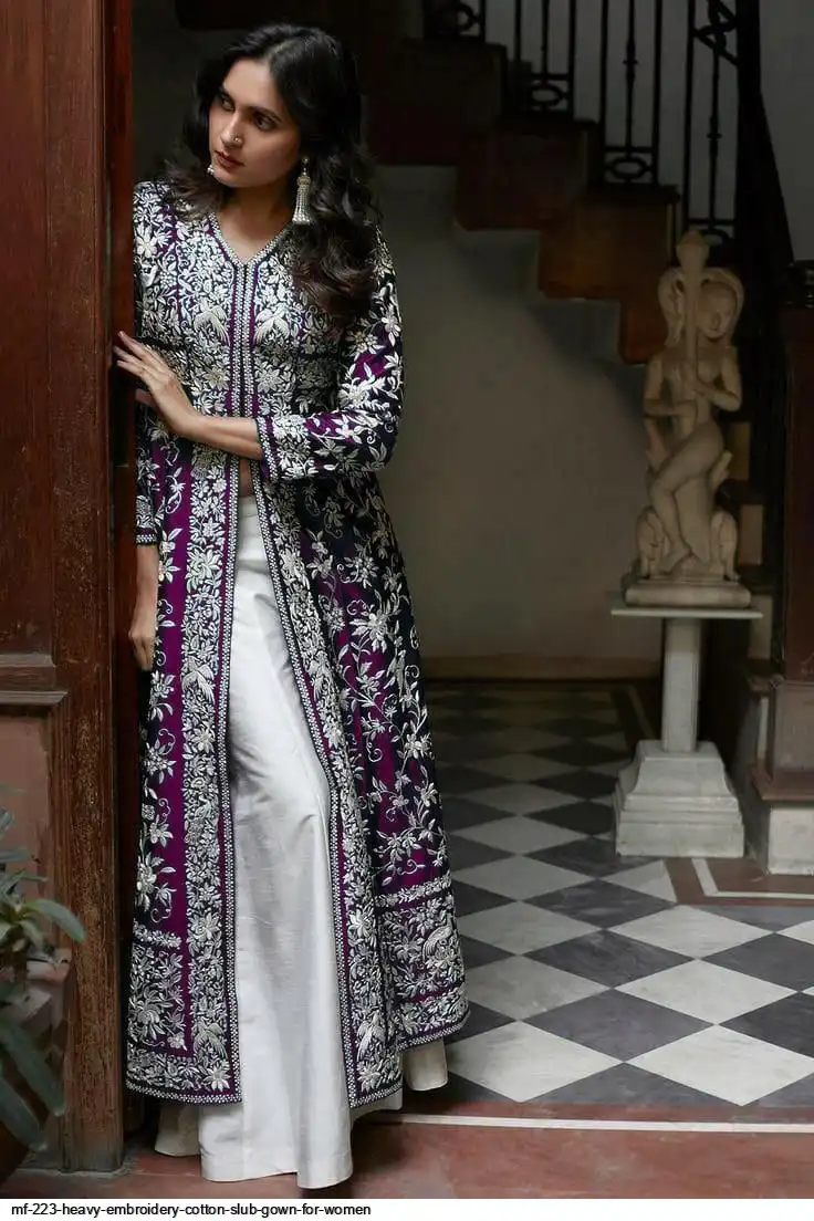 MF 223 HEAVY EMBROIDERY COTTON SLUB GOWN FOR WOMEN D