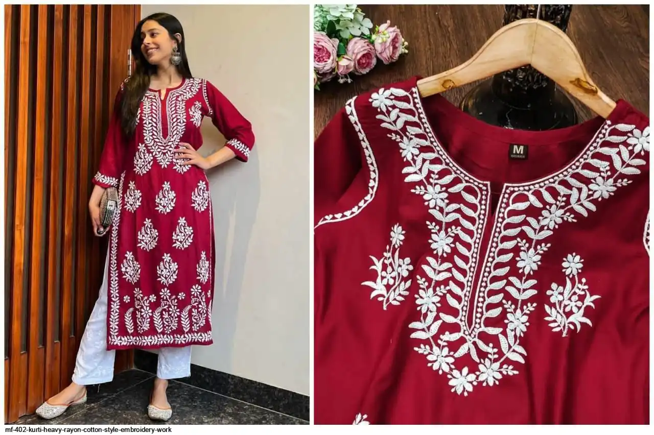 MF 402 KURTI HEAVY RAYON COTTON STYLE EMBROIDERY WORK 3
