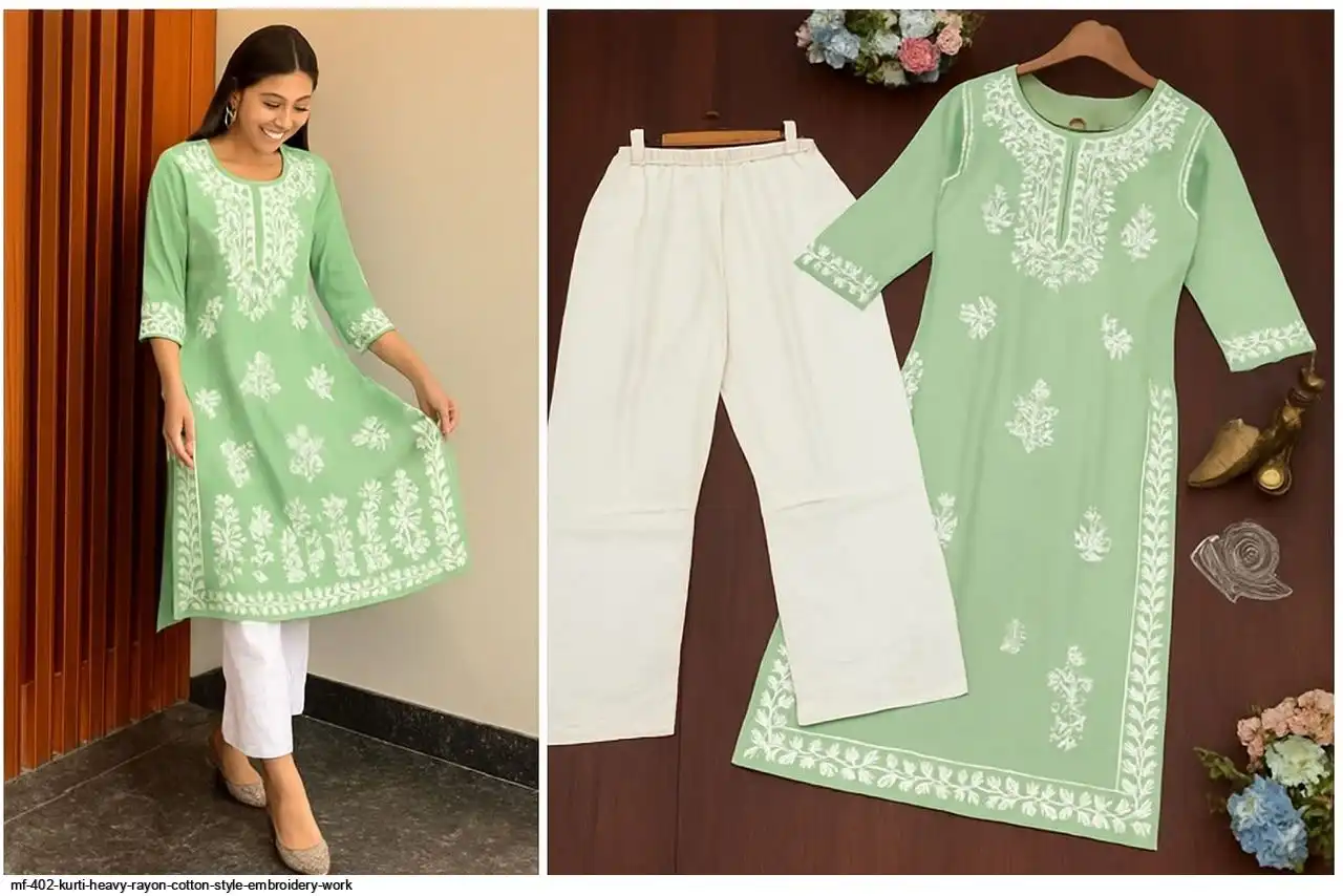 MF 402 KURTI HEAVY RAYON COTTON STYLE EMBROIDERY WORK 5