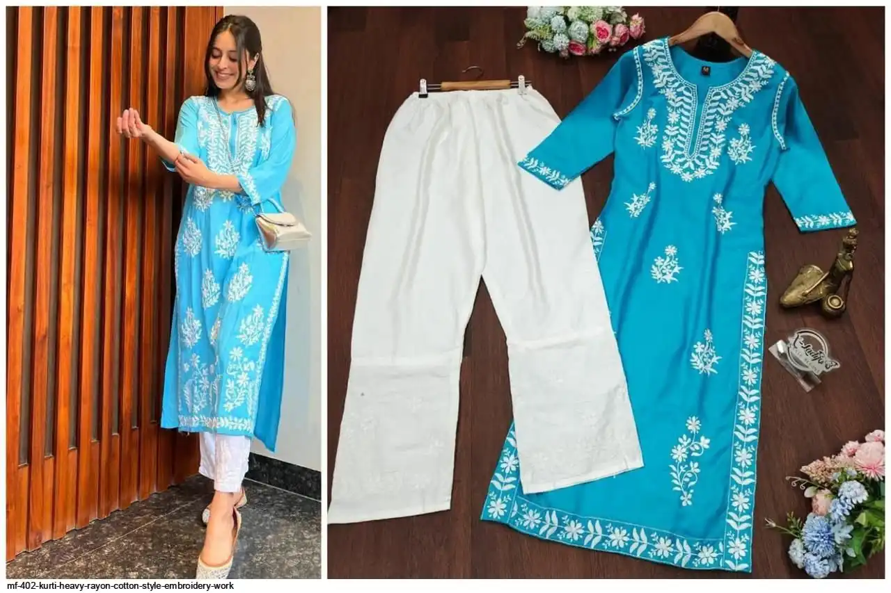 MF 402 KURTI HEAVY RAYON COTTON STYLE EMBROIDERY WORK 6