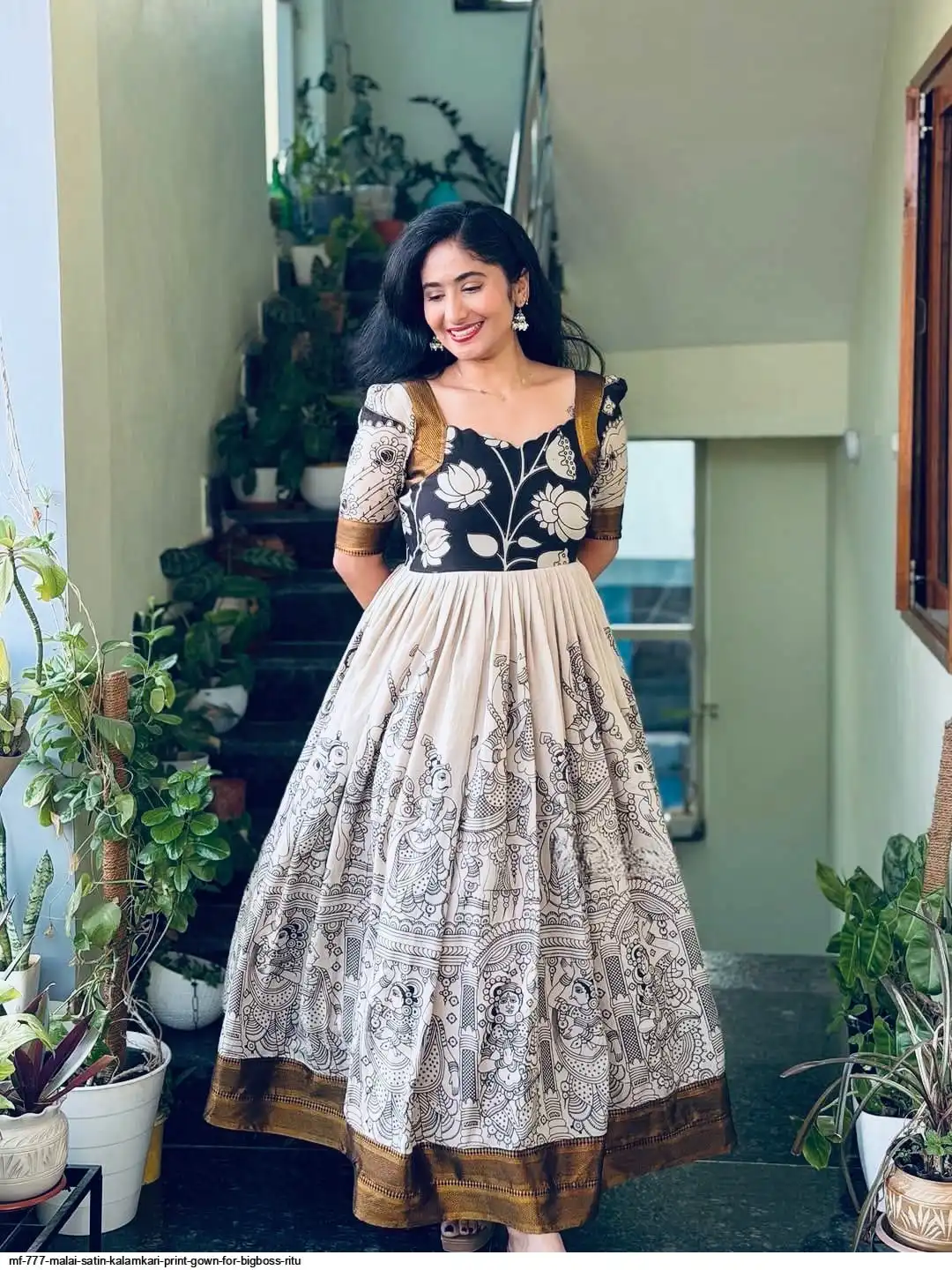 MF 777 Malai Satin Kalamkari Print Gown for Bigboss Ritu