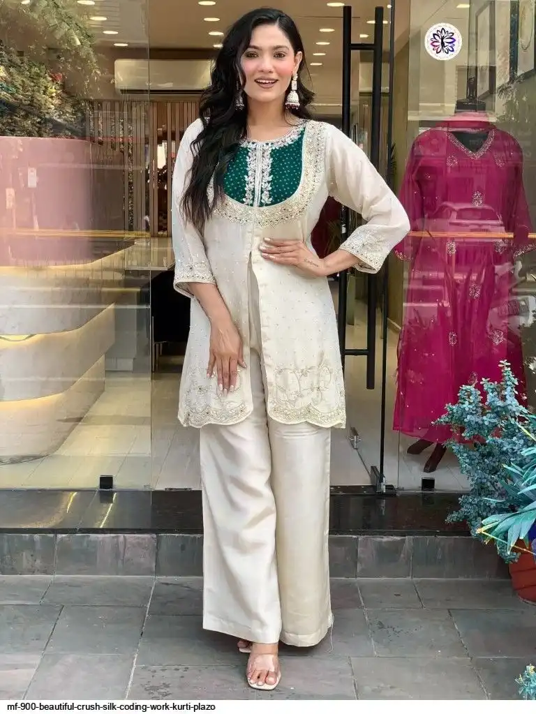 MF 900 BEAUTIFUL CRUSH SILK CODING WORK KURTI PLAZO D