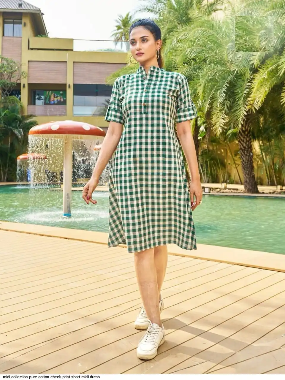MIDI COLLECTION PURE COTTON CHECK PRINT SHORT MIDI DRESS A