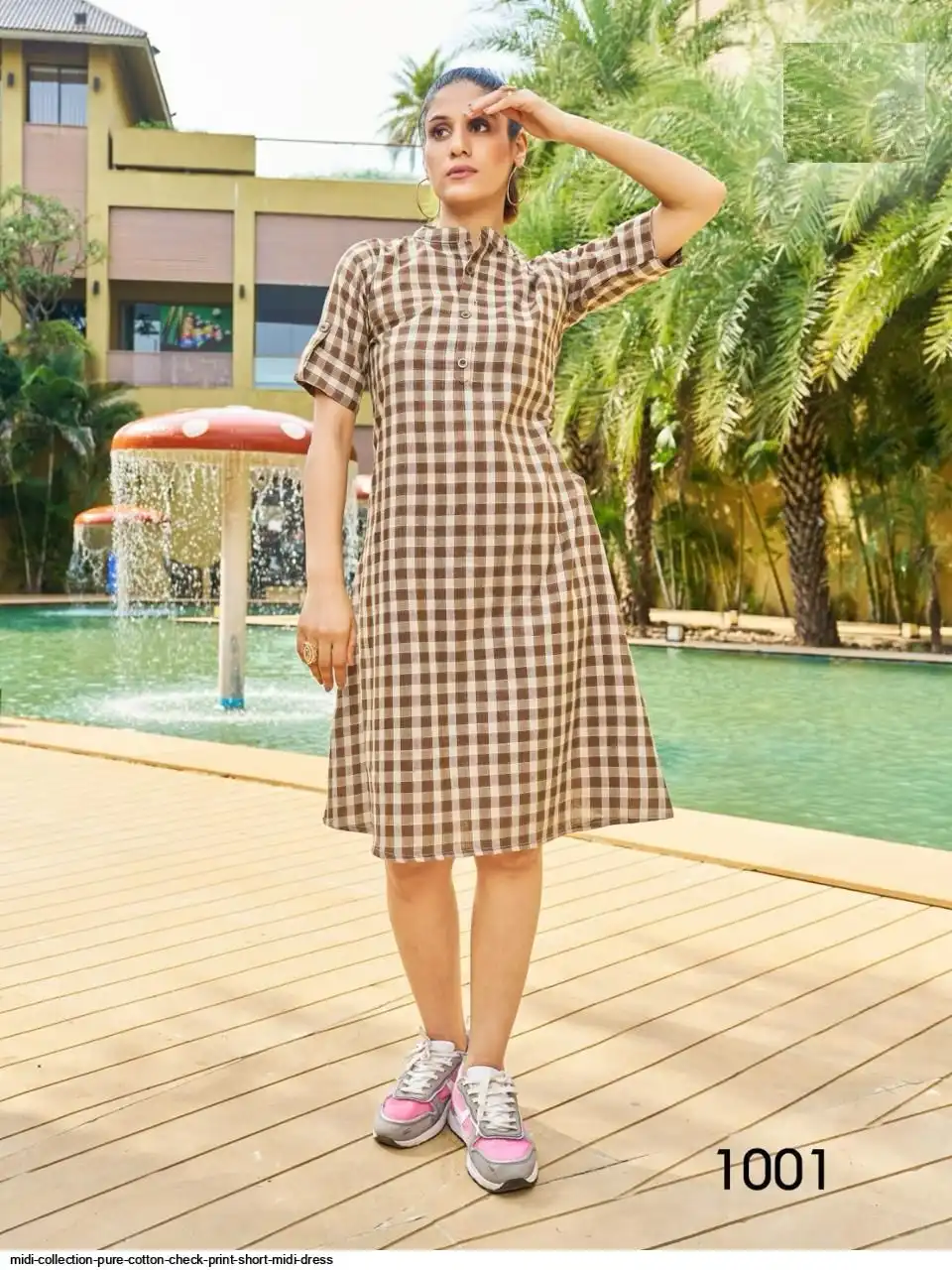 MIDI COLLECTION PURE COTTON CHECK PRINT SHORT MIDI DRESS B
