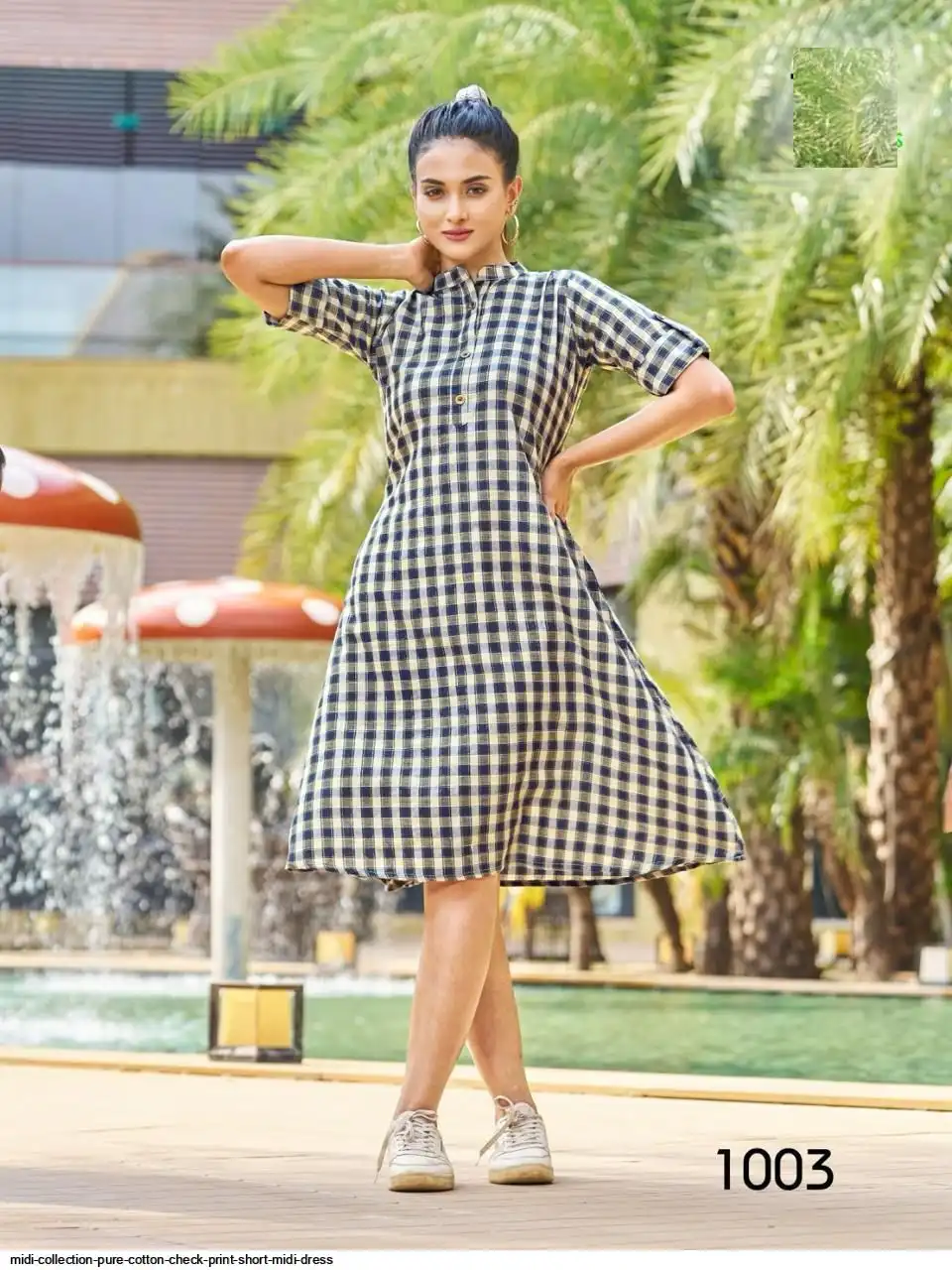 MIDI COLLECTION PURE COTTON CHECK PRINT SHORT MIDI DRESS C