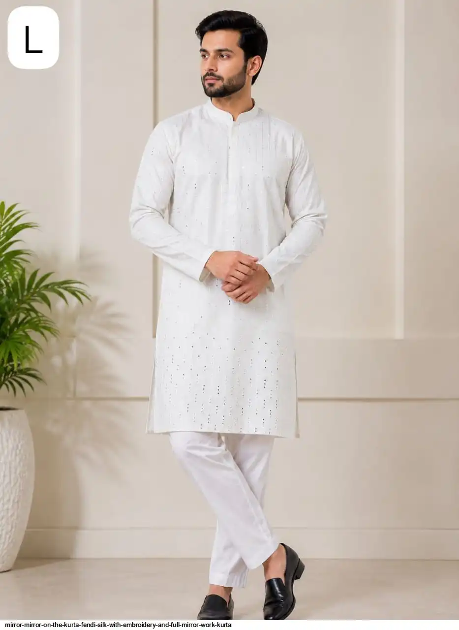 MIRROR MIRROR ON THE KURTA FENDI SILK WITH EMBROIDERY AND FULL MIRROR WORK KURTA 2